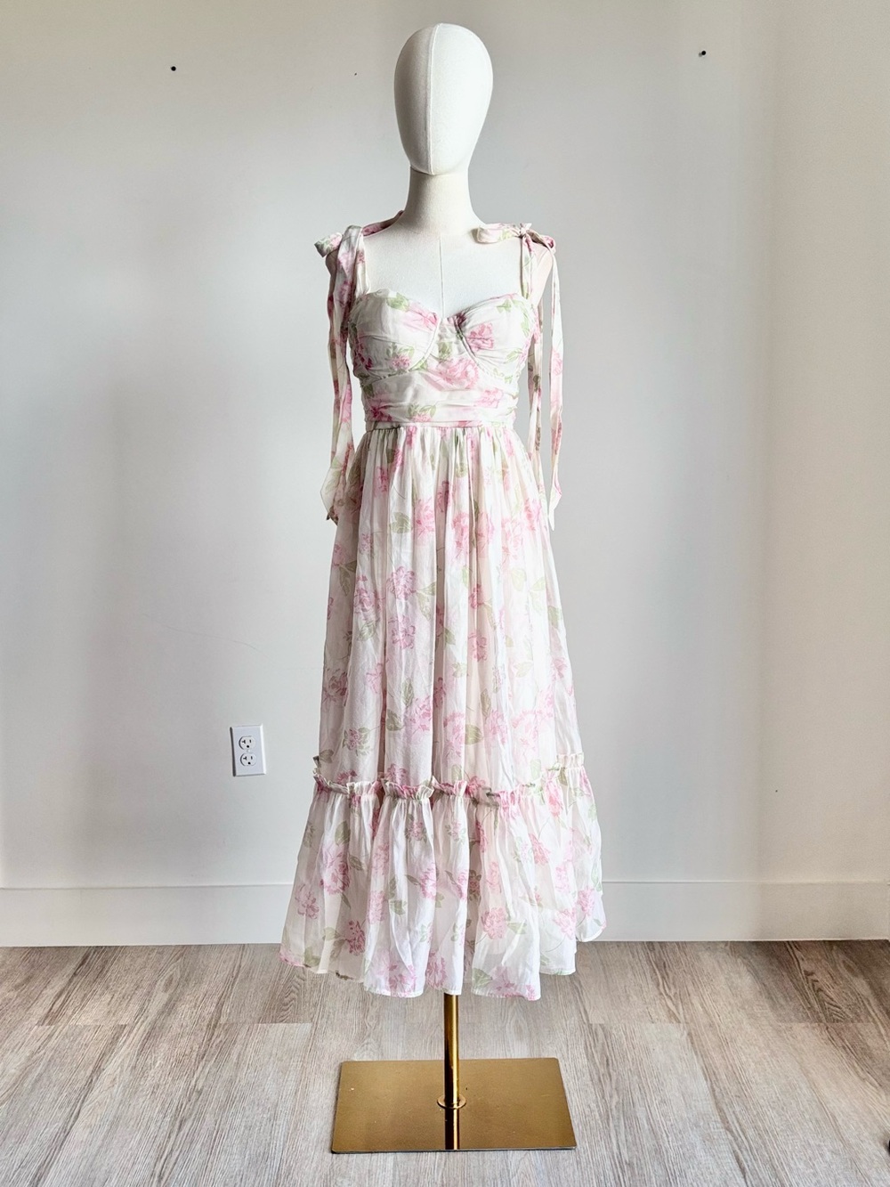 Windsor Pink Floral Tie Strap Bustier Tiered Midi Dress Size Small